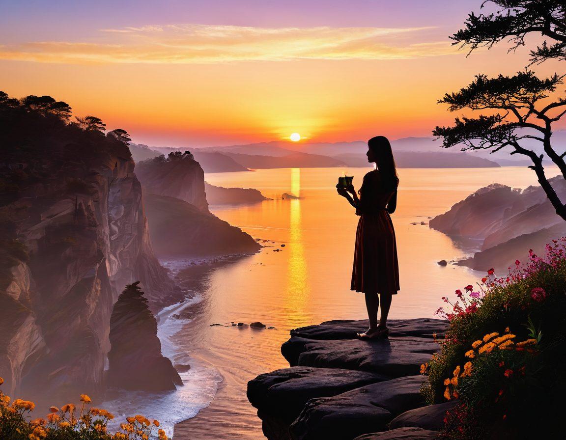 A strong and confident woman standing tall on a scenic cliff, overlooking a sunrise that symbolizes new beginnings. She exudes empowerment, surrounded by blooming flowers that signify personal growth and self-care. Incorporate elements like a journal and a cup of tea beside her, suggesting introspection and peace. The warm colors of dawn reflect the notion of love and hope. super-realistic. vibrant colors. serene background.