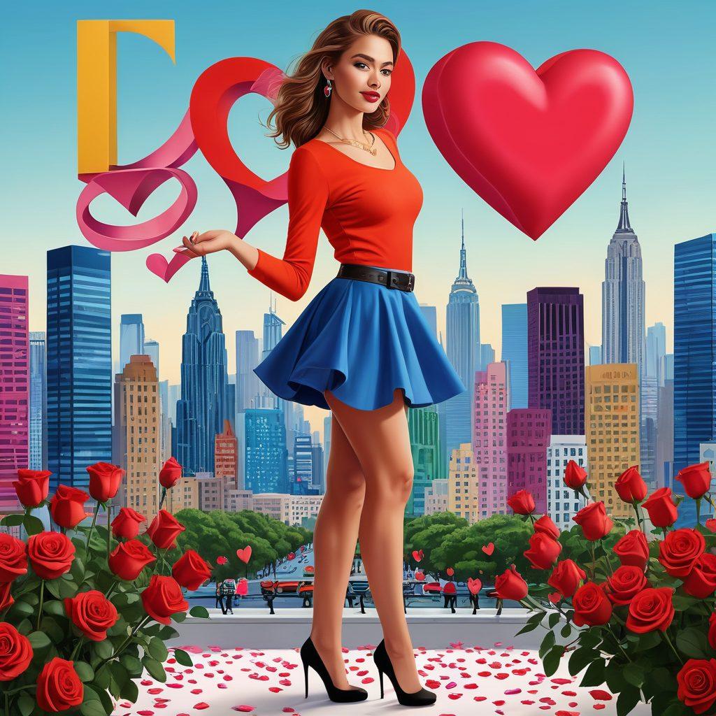 A confident young woman standing tall with a sassy pose, surrounded by colorful heart motifs and playful dating symbols like roses, love letters, and high heels. Bright and bold colors to reflect empowerment, with a stylish city backdrop showing modernity. Include elements like social media icons subtly in the background to emphasize the contemporary dating scene. vibrant colors. vector art. exuberant background.