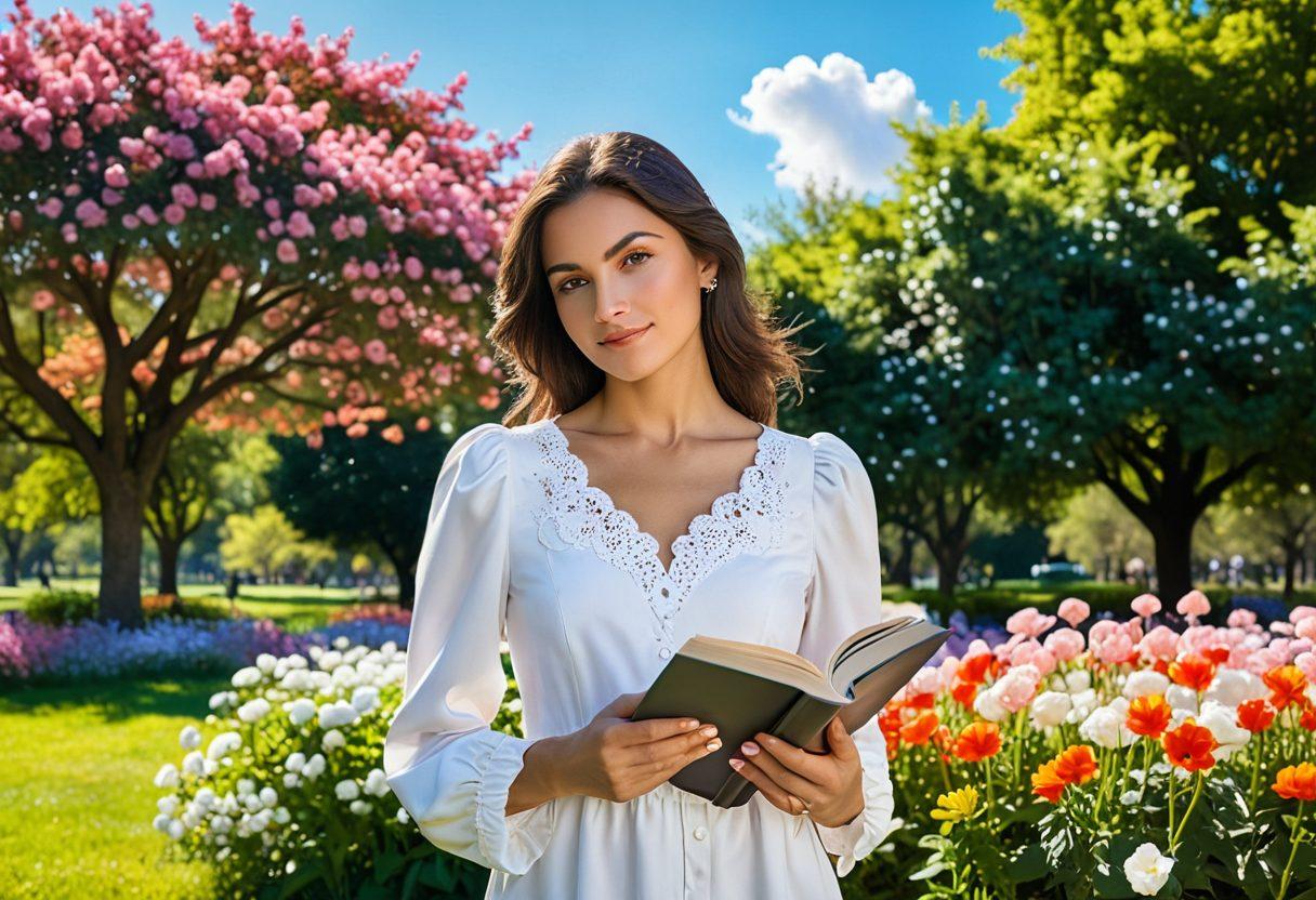 A confident independent woman standing in a sunlit park, surrounded by blooming flowers that symbolize personal growth, with a delicate heart-shaped cloud above her, representing love and relationships. She holds a book titled 'Strength & Growth' while looking towards the horizon with a determined expression. Soft pastel colors enhance the uplifting vibe. super-realistic. vibrant colors. natural background.